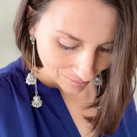 Bollywood-inspired Silver Jhumka Earrings with Elegant Duster Length Design - Picture 1 of 12